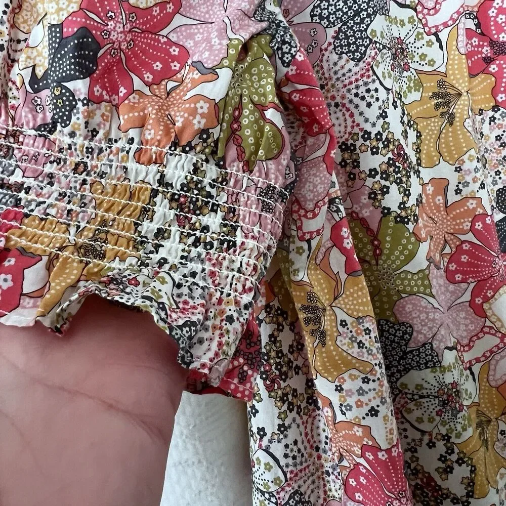 J. Crew Liberty print Floral Smocked Neck Blouse in Pink, Yellow & Green
